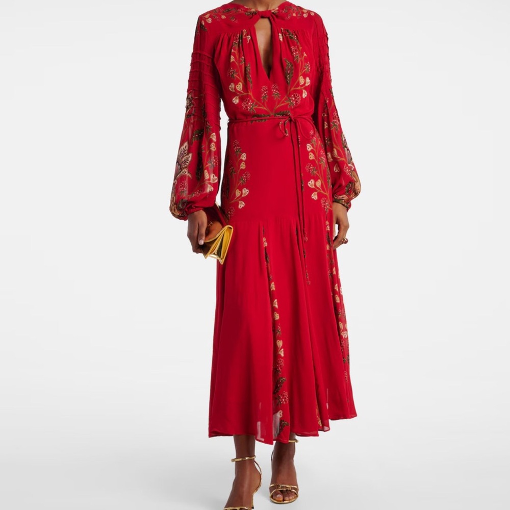 NEW FARM RIO berry garden long sleeve pleated maxi dress red boho wedding guest - Picture 6 of 13